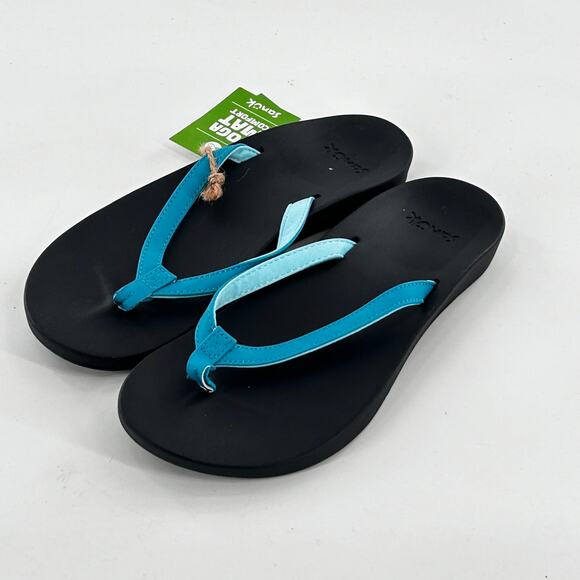NWT Sanuk Yoga Mat Flip Flop Sandals 6 Black Blue Thong Beach Travel Women's - Picture 1 of 4